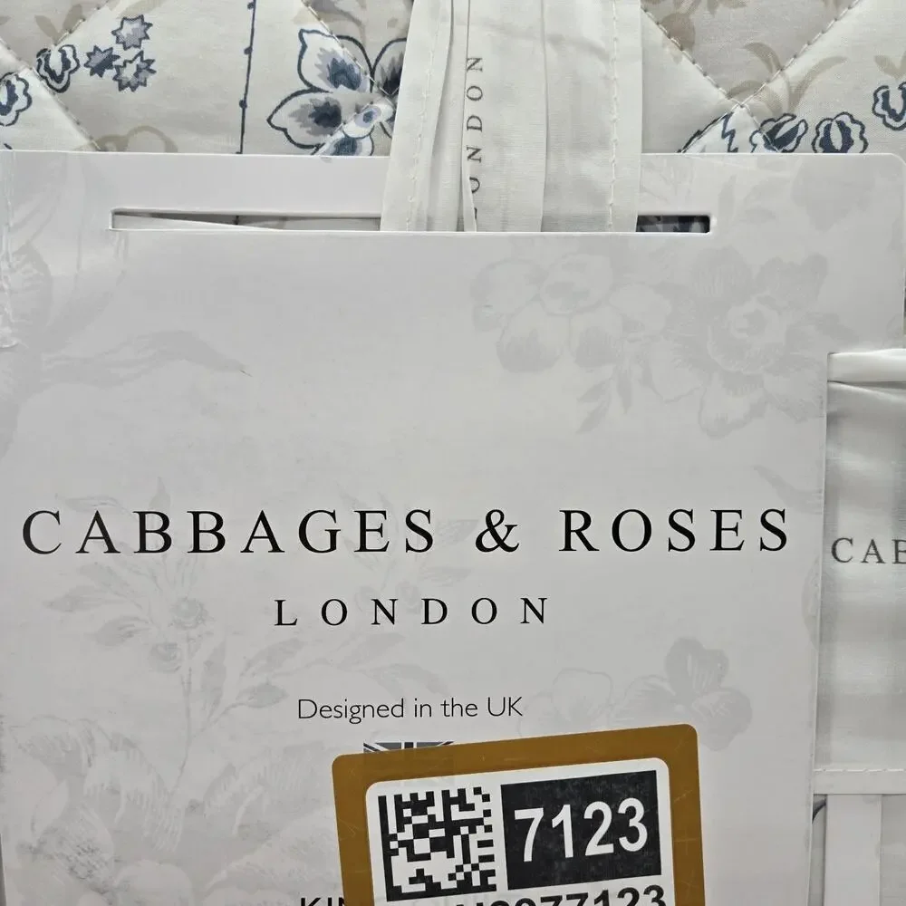 Cabbages & Roses KING Quilt India Rose Grey Blue White Floral Embroidered Cottag